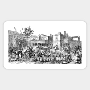 Engraving of Covent Garden Market in London in 1845. Sticker